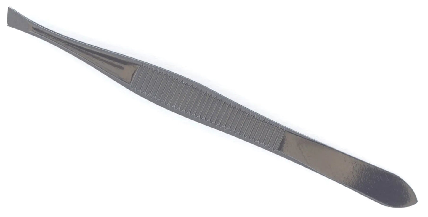 Slanted tweezers, including leather case