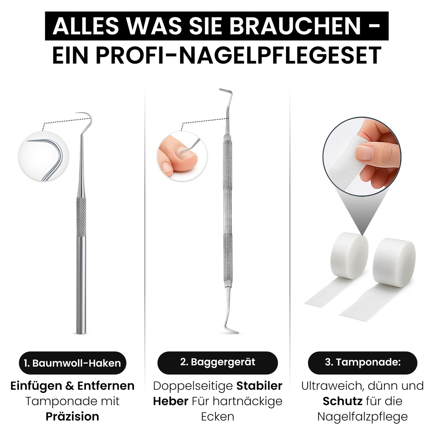 Tamponadensonde & Wattehaken für eingewachsene Fußnägel – Set mit 2 Tamponaden – Nagelpflege-Instrument aus Edelstahl