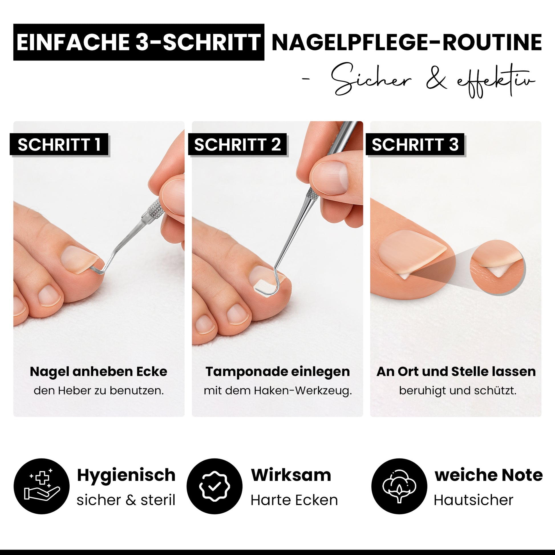 Tamponadensonde & Wattehaken für eingewachsene Fußnägel – Set mit 2 Tamponaden – Nagelpflege-Instrument aus Edelstahl