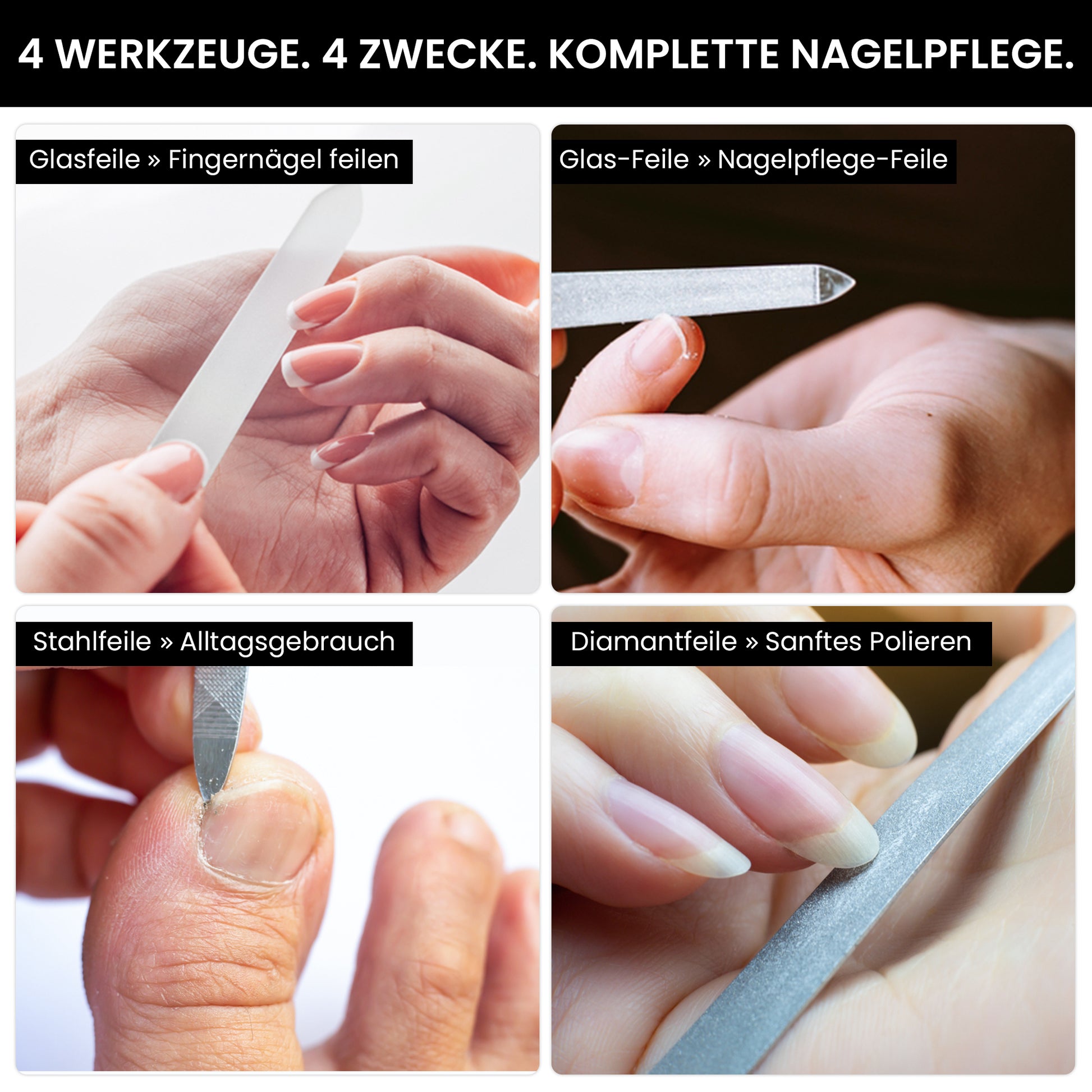 Nagelfeilen Set 4-teilig – Glasfeile, Saphirfeile, Diamantfeile & Edelstahlfeile