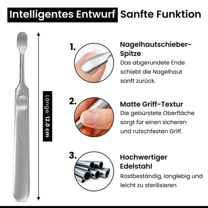 Nagelhautschieber Edelstahl – Sanfte abgerundete Spitze, ergonomischer rutschfester Griff