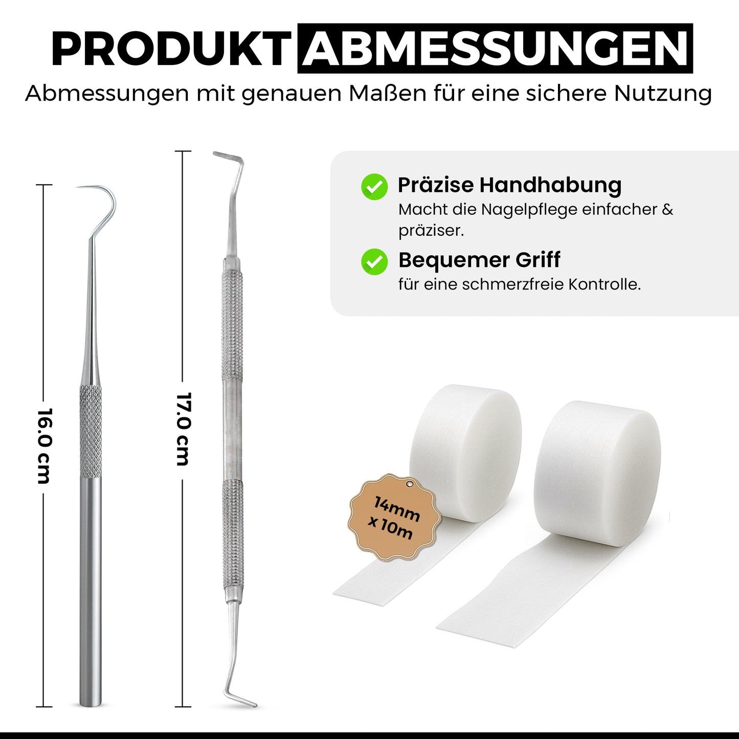 Tamponadensonde & Wattehaken für eingewachsene Fußnägel – Set mit 2 Tamponaden – Nagelpflege-Instrument aus Edelstahl