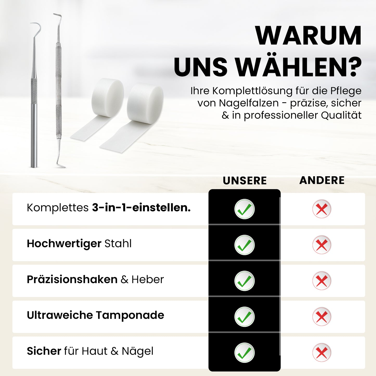 Tamponadensonde & Wattehaken für eingewachsene Fußnägel – Set mit 2 Tamponaden – Nagelpflege-Instrument aus Edelstahl