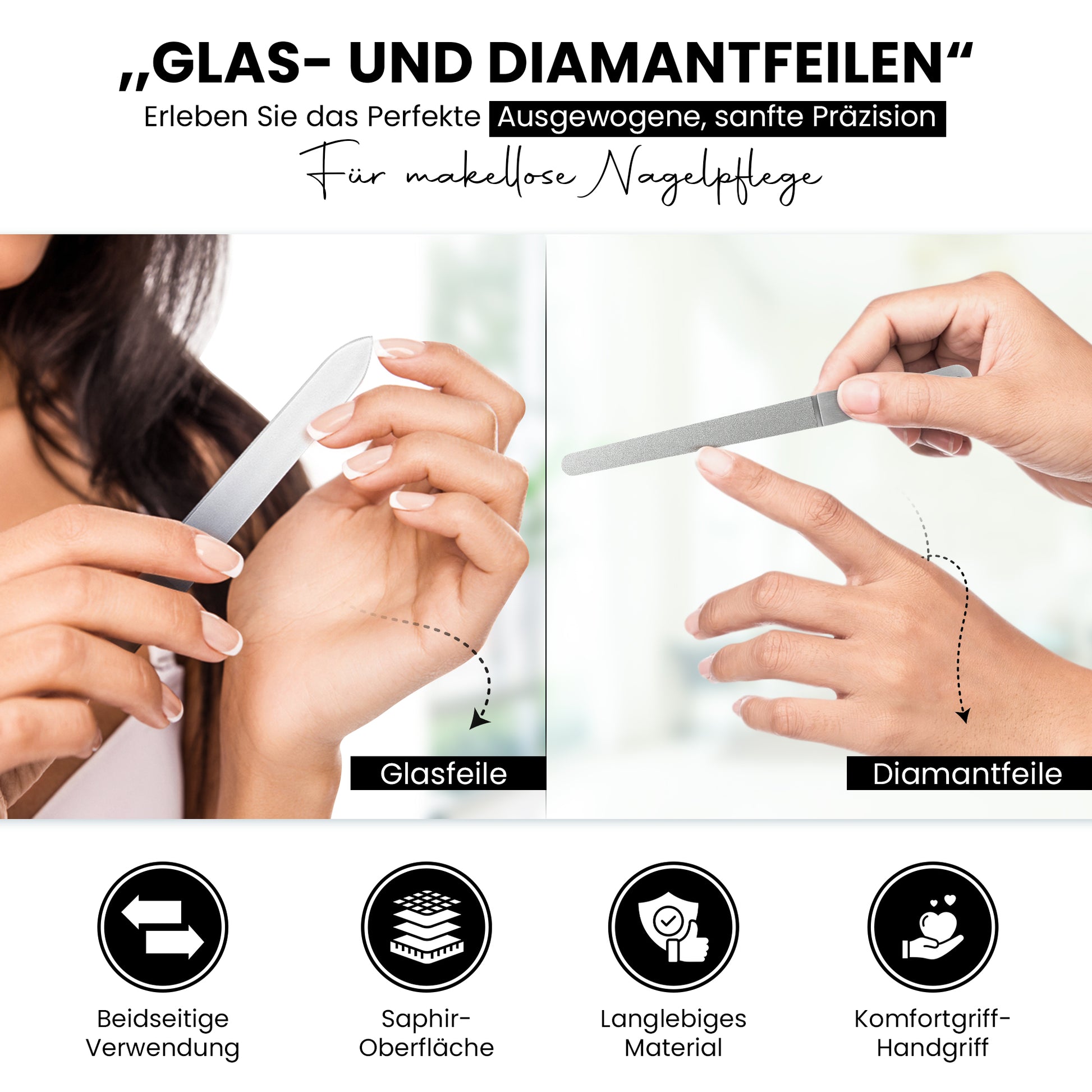 Nagelfeilen Set 4-teilig – Glasfeile, Saphirfeile, Diamantfeile & Edelstahlfeile