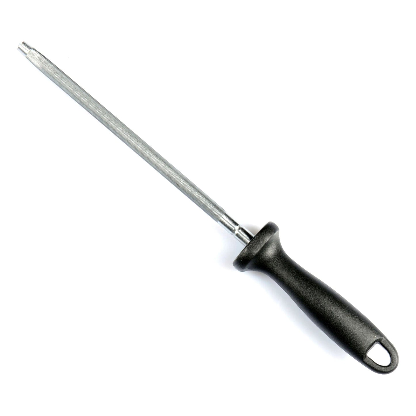 Round sharpening steel with black plastic handle