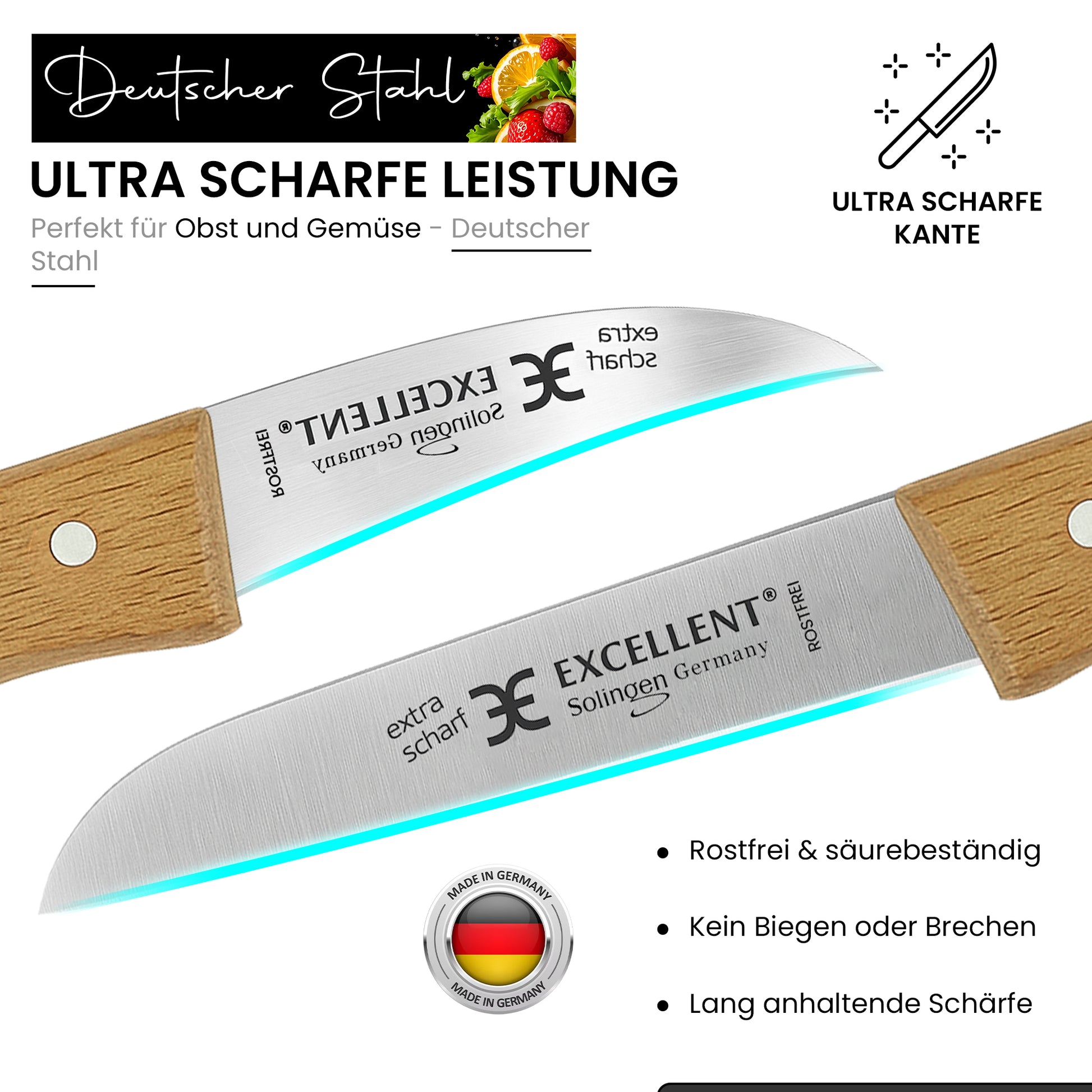 2-teiliges Gemüsemesser-Set aus Solingen – mit Echtholzgriff aus Buche