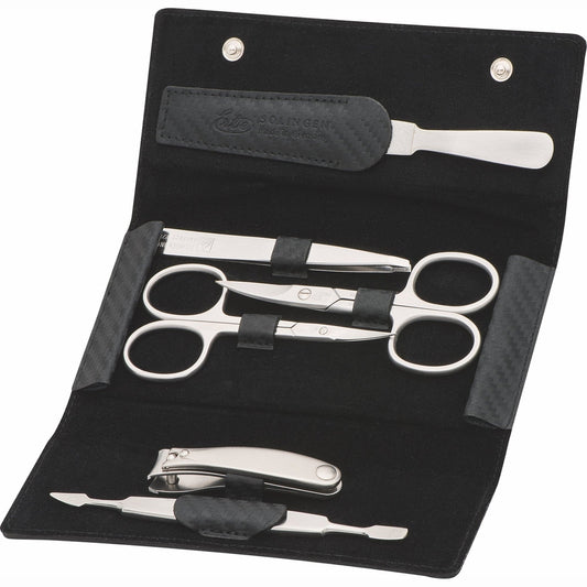 Erbe Maniküre Druckknopfetui Carbon inox 6-teilig – Farbe Schwarz, Silber