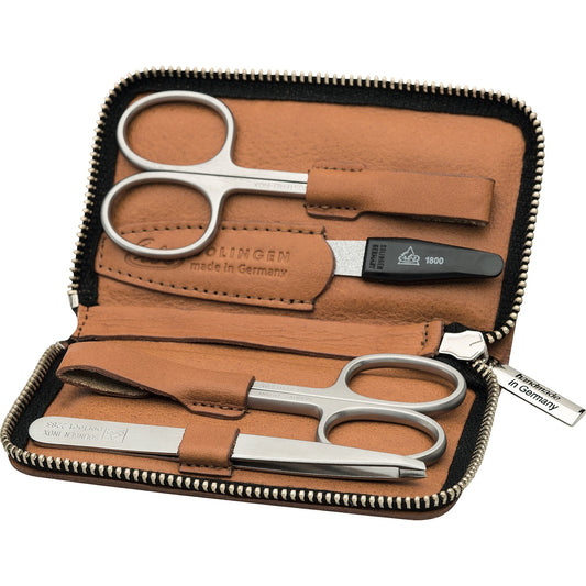 Erbe Maniküre Reißverschlussetui Cognac inox 4-teilig – Farbe Braun, Silber