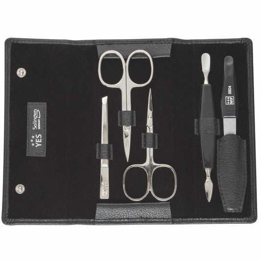 YES Solingen Manicure Druckknopf-Etui Schwarz 5-teilig – vernickelter Stahl (Instrumente), Leder (Etui)