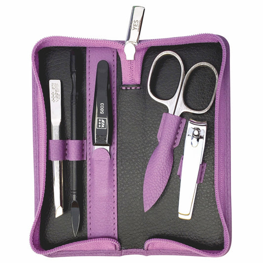 YES Solingen Manicure Reissverschluss-Etui Lavendel 5-teilig – Stahl (Instrumente), Leder (Etui)