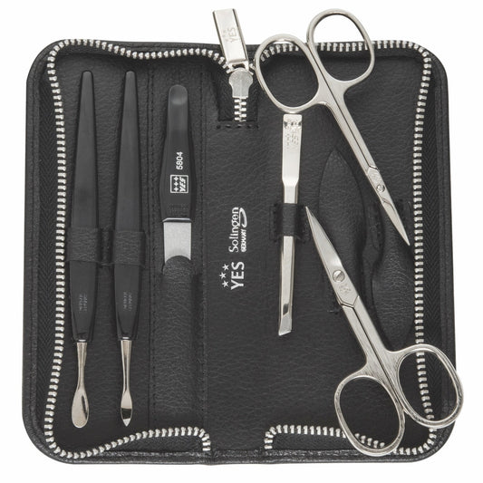 YES Solingen Manicure Reissverschluss-Etui Schwarz 6-teilig – vernickelter Stahl (Instrumente), Leder (Etui)