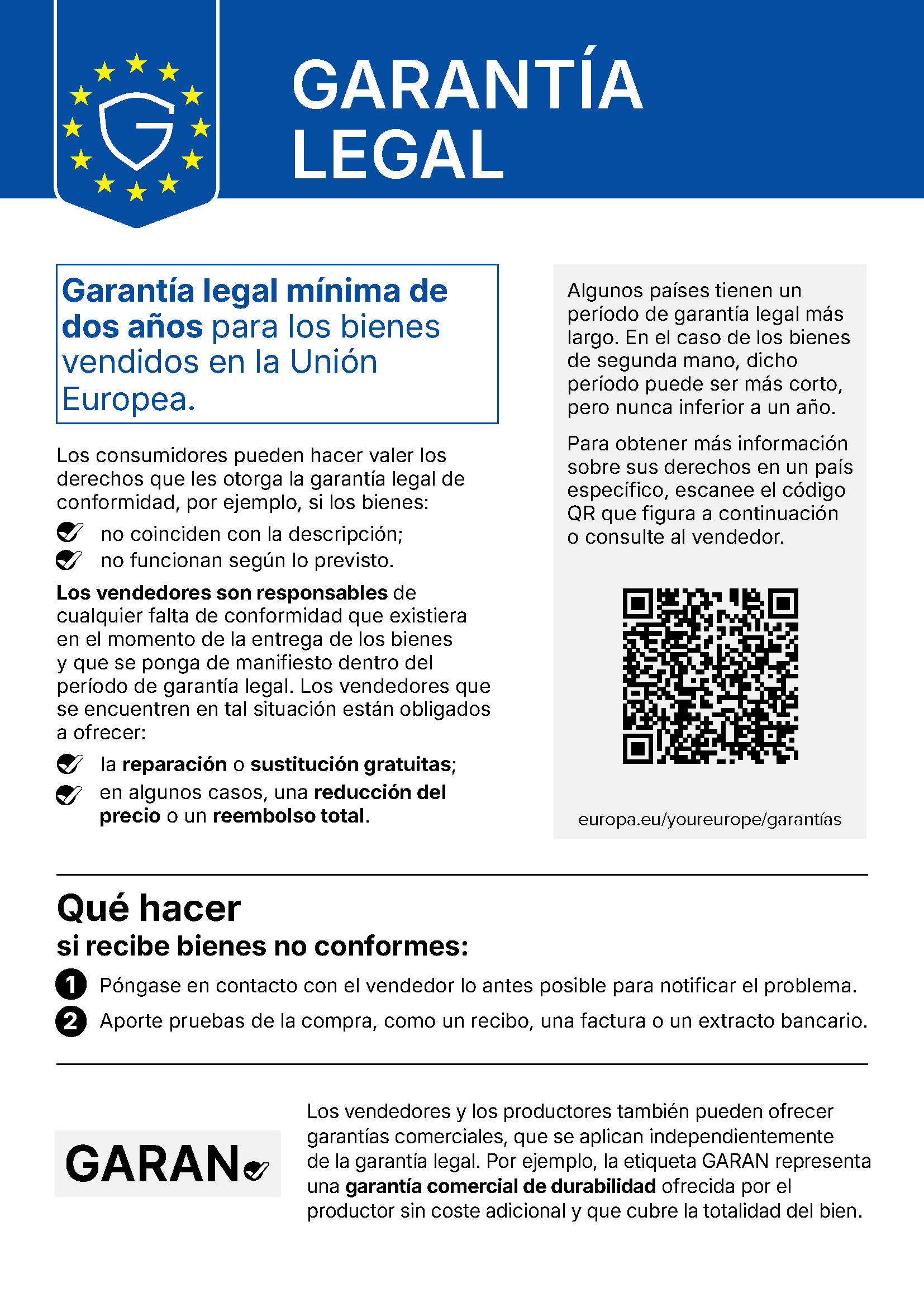 Aviso armonizado de la UE sobre la garantía legal de conformidad: al menos dos años de garantía legal para los bienes vendidos en la Unión Europea