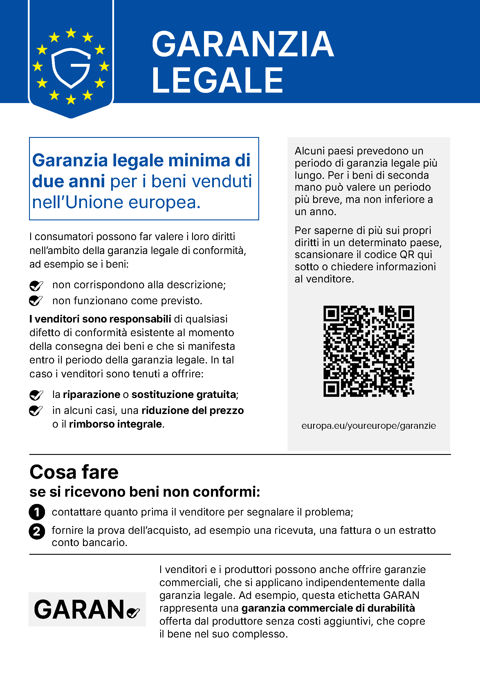 Avviso armonizzato UE sulla garanzia legale di conformità: almeno due anni di garanzia legale per i beni venduti nell’Unione europea