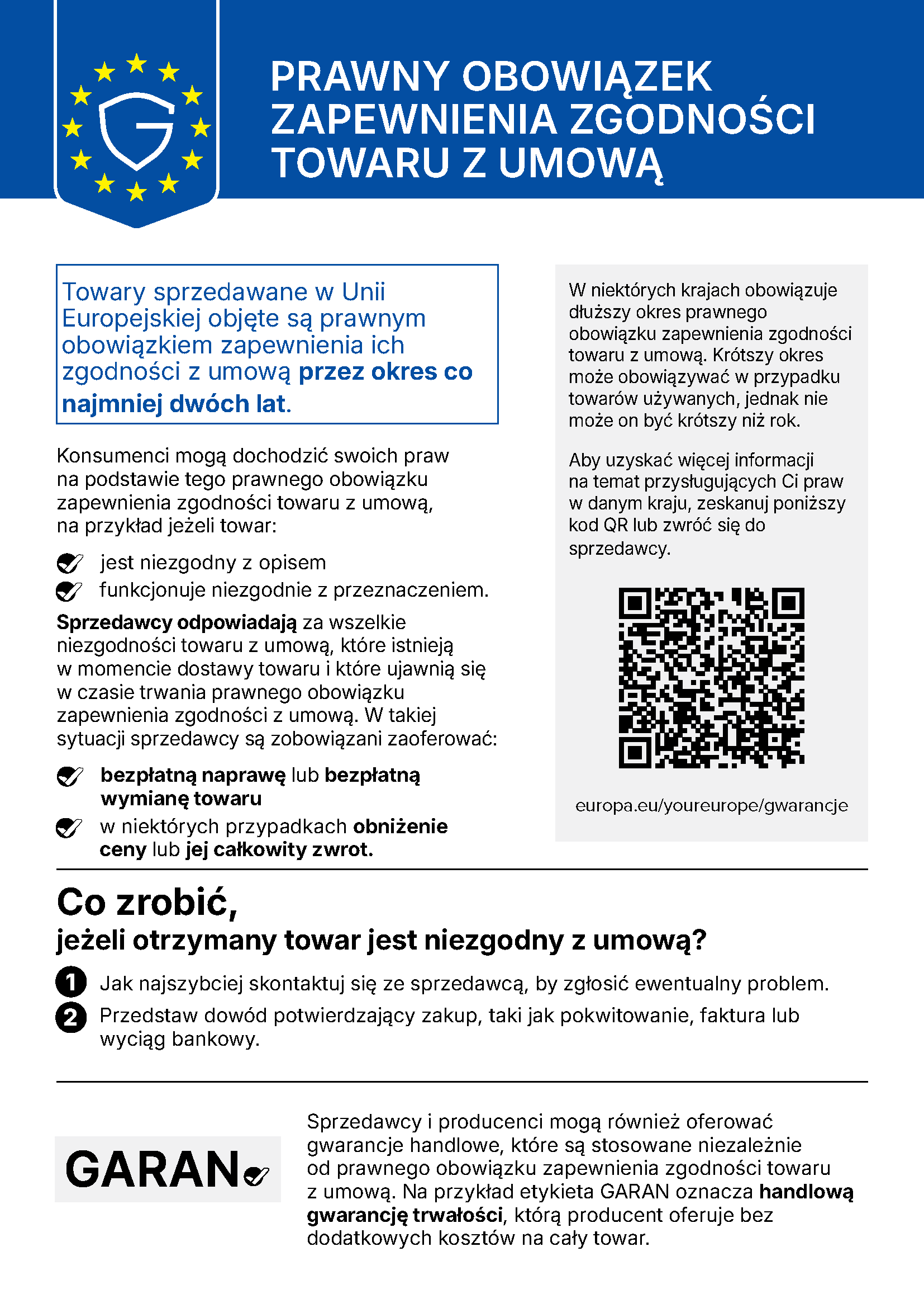 Zharmonizowana informacja UE o ustawowej rękojmi: co najmniej dwa lata rękojmi na towary sprzedawane w Unii Europejskiej
